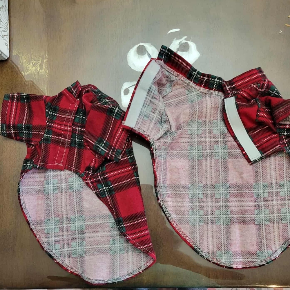 Two Matching Red and Green Plaid Dog Pajama Shirts - Picture 2 of 6
